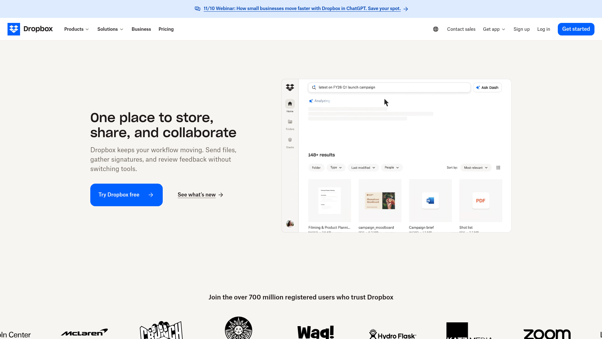 Dropbox homepage